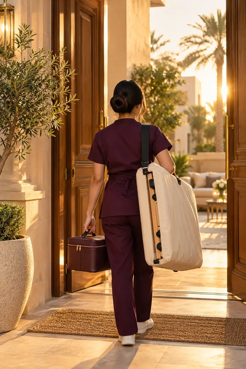 Therapist arriving at a Dubai villa with a folded massage table