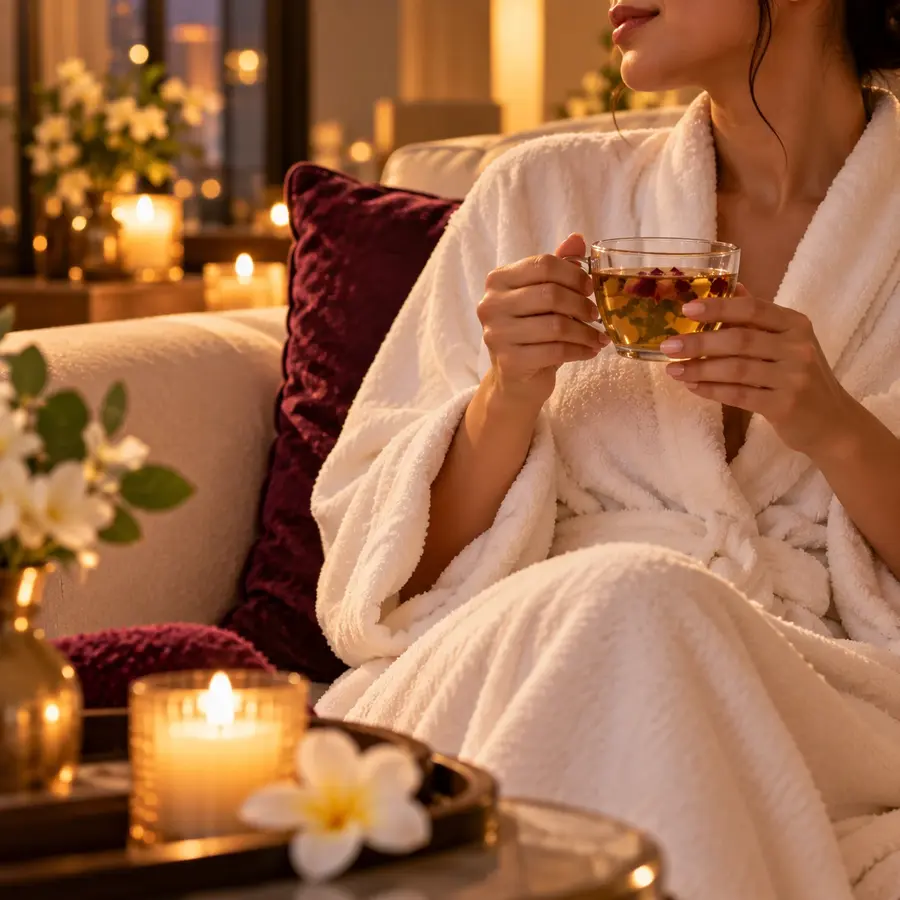 Client relaxing in a robe with herbal tea after a treatment
