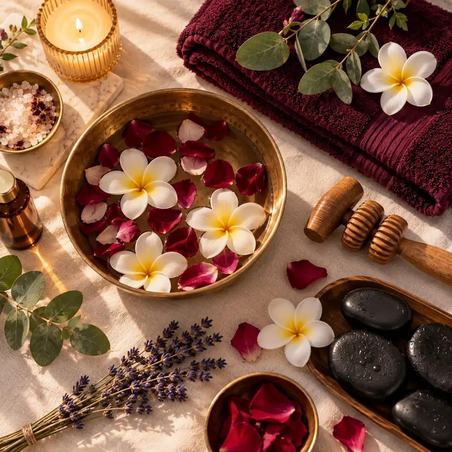 Flat lay of rose petals, frangipani, hot stones and a wooden massage roller